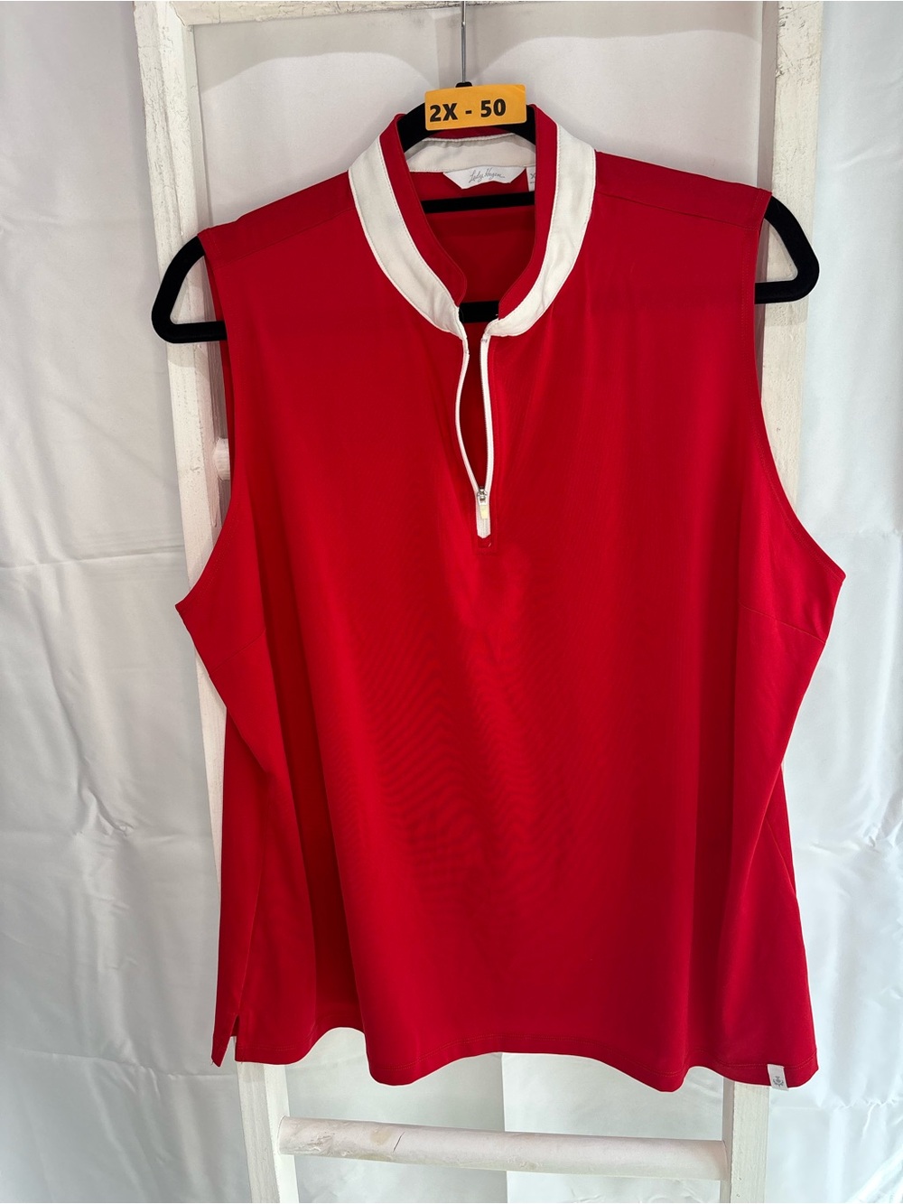 Lady Hagen Red Sleeveless Zip Polo with White Trim